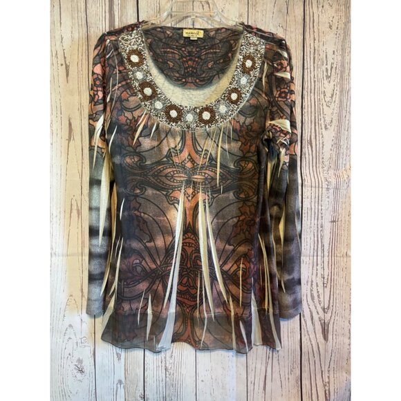 One World Black & Brown BOHO Top Shirt Beaded Design on Neck Size Large - Picture 2 of 8